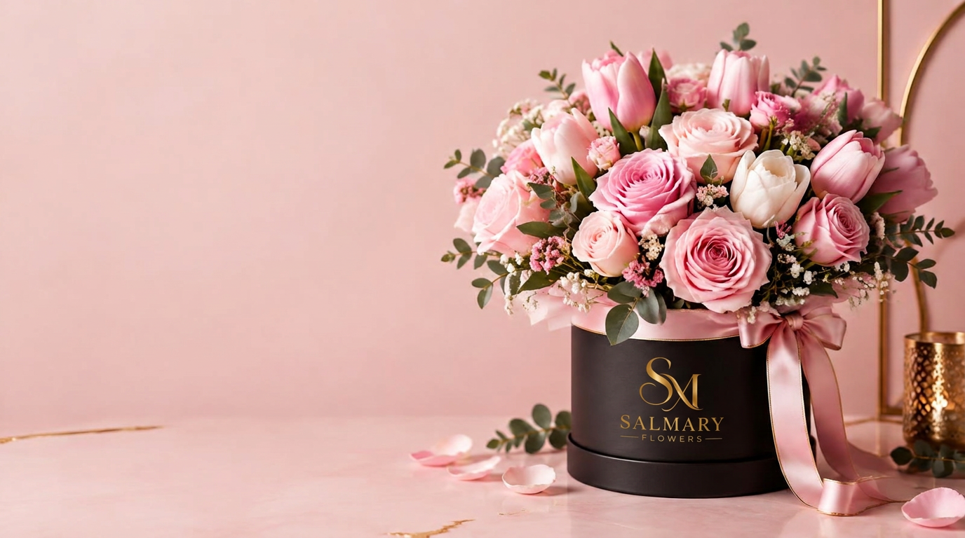 Pink roses and tulips in a luxury flower box